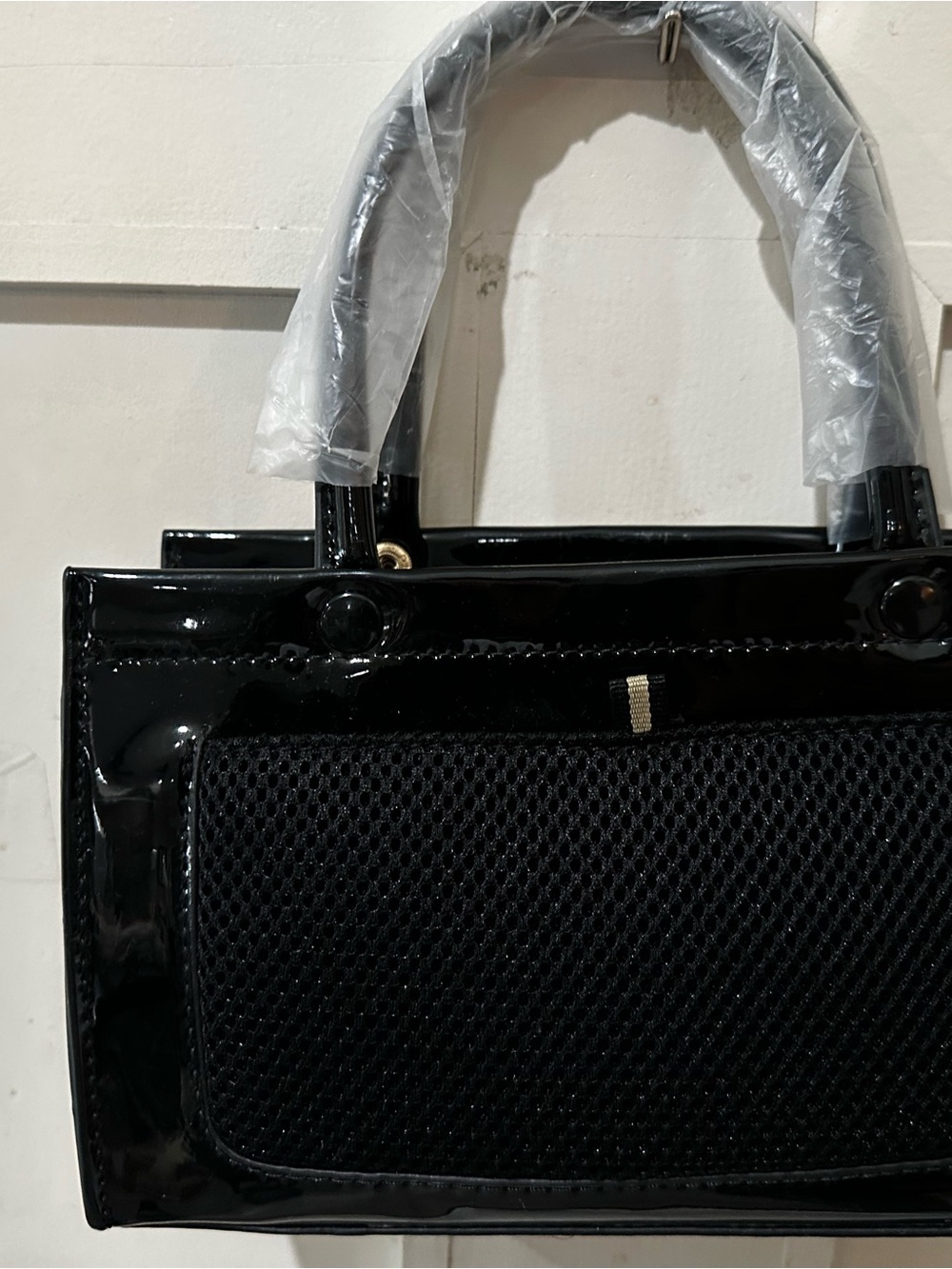 Black Patent Tote Bag with Mesh Front Pocket